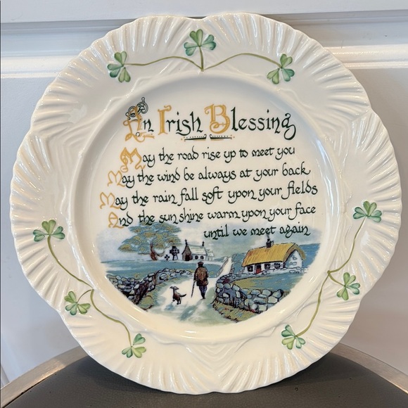 Beleek Ireland Harp Irish Blessing Plate, Fine Parian China Shamrock, 9” Long - Picture 1 of 6